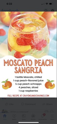 a recipe book with the title moscato peach sangria