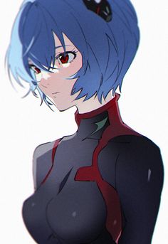 an anime character with blue hair and red eyes