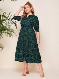 Plus Notched Polka Dot A-line Dress | EMERY ROSE Boho Summer Dresses, Vestido Plus Size, Shein Dress, Women Plus Size, Plus Size Kleidung, Women Maxi, Dress Gift, Plus Size Maxi Dresses, Dress Plus Size