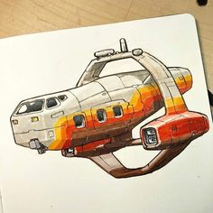 a drawing of an orange and white helicopter