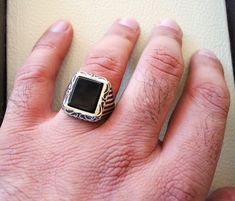 Rectangular silver aqeeq flat natural black onyx semi precious agate gemstone men ring sterling silver 925 jewelry all sizes fast shipping Risk free Quality guarantee policy : If you are not satisfied with your item for any reason simply send it to us and you will get a replacement or refund . please write or choose your size with the order and we will size it for you . Our ring is handcrafted mostly with a few simple tools . but some methods are used in casting like lost wax method . sterling s Elegant Rectangular Jewelry With Polished Edges, Silver Jewelry With Rectangular Stone And Polished Finish, Silver Jewelry With Polished Rectangular Stone, Luxury Polished Edges Ring Jewelry, Luxury Ring With Polished Edges, Engraved Round Onyx Jewelry, Fine Jewelry With Polished Rectangular Stone, Black Ring With Polished Edges, Formal Jewelry With Polished Rectangular Stone