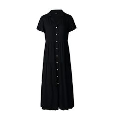 Black Button Short Sleeve Shirt Swing Dress Casual Collared Maxi Dress With Button Closure, Casual Button-up Maxi Dress With Button Closure, Solid Button-up Shirt Dress With Buttons, Button-up Shirt Dress With Buttons, Short Sleeve Maxi Dress With Buttons For Day Out, Casual Black Dress With Placket, Casual Collared Maxi Dress With Buttons, Collared Maxi Dress With Buttons, Button-up Maxi Dress For Work With Button Closure