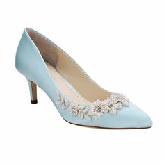 The perfect 'something blue' low heel re-imagined and re-defined. Teardrop pearls and ivory beads are embellished in the shape of flowers and vines while 3D ivory blooms and vines provide textural contrast to the soft blue silk. Iris is a statement making blue kitten heels . Shop for Iris today! Embellished Formal Wedding Shoes, Low Heel Embellished Wedding Shoes, Embellished Low Heel Wedding Shoes For Gala, Blue Wedding Shoes Low Heel, Light Blue Wedding Shoes, Wedding Guest Heels, Kitten Heels Wedding, Blue Heels Wedding, Low Heels Wedding