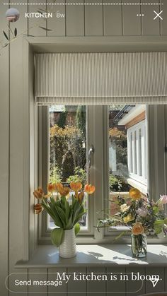 a vase filled with flowers sitting on top of a window sill next to two windows