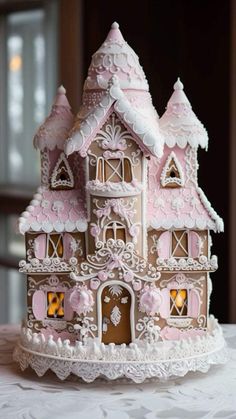 a pink and white gingerbread house on a table