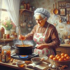 an old woman cooking food in a kitchen