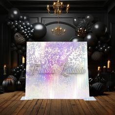 an image of a party backdrop with balloons and lights in the background for a photo booth