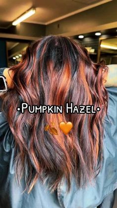 Red Hair With Black And Blonde Streaks, Winter Hair Dye Ideas Brunettes, Peek A Boo Hair Color Brown, Brown With Red And Caramel Highlights, Dark Fall Ombre Hair, Peeks Boo Hair, Bold Money Piece With Highlights, Dark Two Tone Hair, Fall Vibes Hair Color