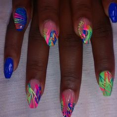 Fun Summer Acrylic Nail Designs, Bright Neon Nail Designs, Gel Nail Designs For Vacation, Bright Summer Nails Designs 2024, Cute Neon Nails Summer, Blm Nails, Neon Colored Nails, Jamaica Nail Designs, Carnival Nails Designs