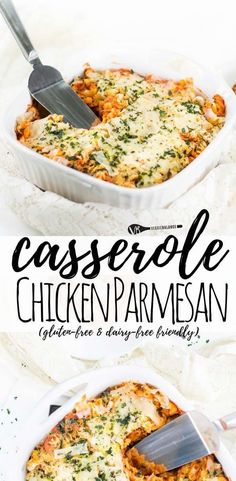 casserole chicken parmesan in a white dish with a serving spatula