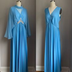 "* 1970's * polyester and chiffon * zipper up the back of dress * separate capelet has hook closures  * unbranded  Condition | Excellent Ladies Size Medium - a bit of stretch to the polyester fabric  Length 56\" Bust 36\" to 38\" Waist 32\" to 34\" Hips free Instagram | ladyjanevintage" Sky Blue Maxi Dress, Seventies Fashion, Blue Maxi Dress, Angel Sleeve, Blue Maxi, Free Instagram, Maxi Dress Blue, Dress Clothes For Women, Vintage 1970s