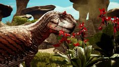 an animated dinosaur standing next to some red flowers and rocks in the background, with another animal looking on