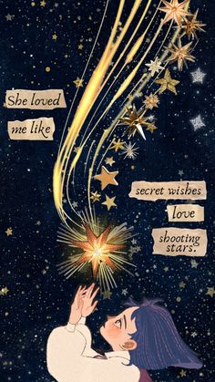 an illustration of a woman holding a sparkler in her hand and saying she loved me like secret wishes love shooting stars