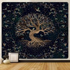 a wall hanging on the side of a room with a tree and butterflies in it