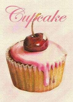 a cupcake with pink icing and a cherry on top is featured in this card