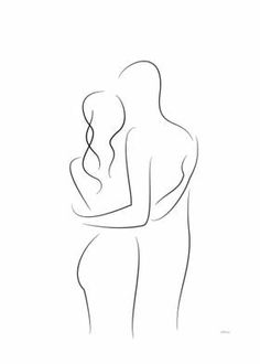 a line drawing of two people embracing each other with their backs to the camera,