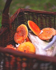 a basket filled with lots of different types of mushrooms