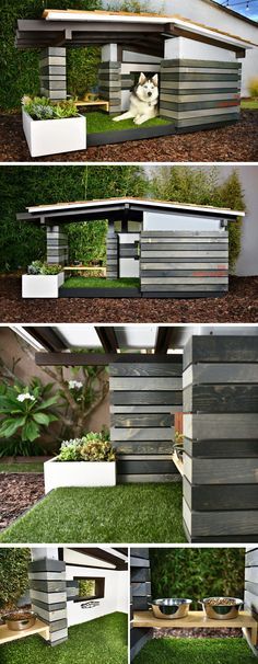 several different views of an outdoor area with grass, plants and concrete blocks in it