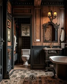 an ornate bathroom with wood paneling and antique fixtures