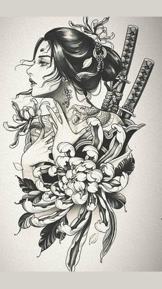 a drawing of a woman with flowers and two swords in her hand, holding a flower bouquet