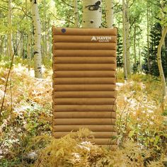 an inflatable mattress is sitting on the ground near a birch tree and grass