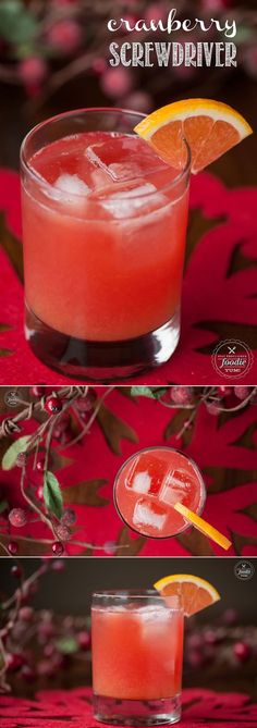 an orange drink in a glass with ice and garnish