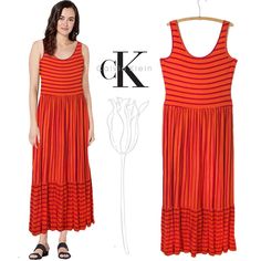 Soft And Comfortable Pull On Calvin Klein Orange Stripe Ruffle Hem Maxi Dress, Perfect For Summer, Nwot Size: Large Arm Pit To Arm Pit 18" Waist: 34" Length: 62" - Orange And Red Striped. - Rayon / Spandex Blend. - Nwot - Never Have Been Worn Cold Shoulder Maxi Dress, Calvin Klein Woman, Calvin Klein Dresses, Womens Calvin Klein, Ruffle Hem, Calvin Klein, Maxi Dress, Spandex, Womens Dresses