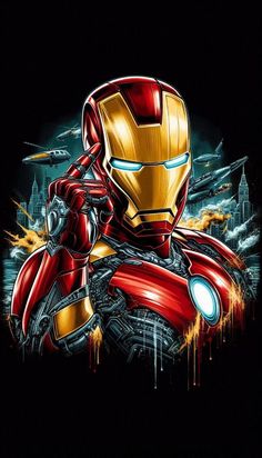 the iron man artwork is shown on a black shirt with red and yellow paint splatters