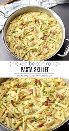 chicken bacon ranch pasta skillet is shown in two pans with the same side