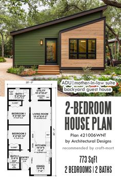 the two bedroom house plan is shown in this advertment for an additional living area