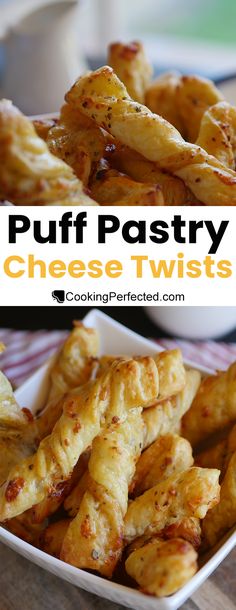 puff pastry cheese twists in a white bowl on a wooden table with text overlay