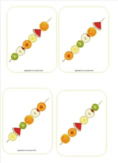 four stickers with different types of food on them, one has an orange and the other is watermelon