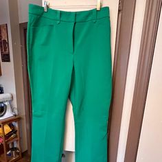 These Are A Pair Of Gorgeous Green Slacks. They Are 52% Cotton, 45% Polyester And 3% Spandex. These Are Long -- I Ordered In Both 16t And 18t, And The 16t Fit, And Forgot To Return These, So My Loss Is Your Gain! Classic Green Stretch Bottoms, Green Full-length Pants For Business Casual, Green Business Casual Full-length Pants, Green Stretch Straight Leg Dress Pants, Green Stretch Dress Pants For Business Casual, Green Full-length Bottoms For Office, Green Full-length Office Bottoms, Green Full Length Bottoms For Office, Green Ankle-length Elastane Pants