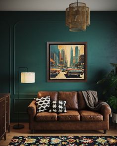 a living room filled with furniture and a painting hanging on the wall over a couch