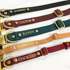 four personalized leather dog collars in different colors and sizes with engraved names on them