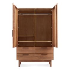 an open wooden cabinet with drawers and shelves