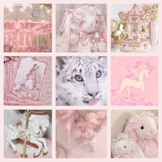 a collage of pink and white pictures with teddy bears, unicorns, princess tiaras