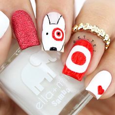 Dog Theme Nails, Puppy Nails Designs, Puppy Nail Art, Bull Terrier Nail Art, Target Bullseye Dog, Dog Nail Art, New Nail Polish, Gel Art