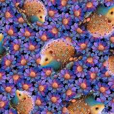 hedgehogs surrounded by purple flowers on a blue and pink background with lots of bubbles