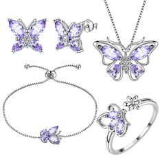 PRICES MAY VARY. ♥Butterfly Jewelry Design♥:The butterfly jewelry design features the love of flying with each other, and staying with your partner for a lifetime. Wearing a butterfly jewelry set expresses the yearning for freedom and also entrusts the hope for the future. ♥Material♥:Comes in genuine Hypoallergenic 925 sterling silver and AAA+ Cubic Zirconia,tarnish-resistant then can't be faded in a long time.Nickel free,lead free,cadmium free,safe for sensitive skin. ♥Butterfly Jewelry Set Siz Butterfly Jewelry Set, Silver Butterflies, Alexandrite Jewelry, February Birthstone Jewelry, October Birthstone Jewelry, September Birthstone Jewelry, Lovers Necklace, Butterfly Jewelry, Birthstone Pendant