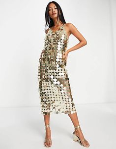 Starry Eyed premium disc detail midi dress in gold | ASOS Gold Trend, Starry Eyed, Drop Top, Gold Style, Clothes Outfits, One Shoulder Dress, Flapper Dress, Asos, Latest Trends