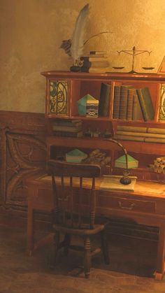 an old desk and chair in front of a book shelf with books on the shelves