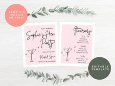 two pink and black wedding cards with greenery on them, one is for the bride