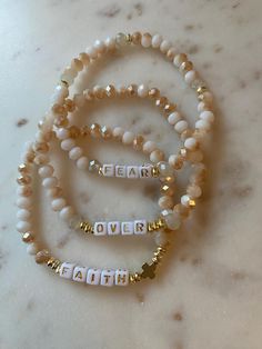 Set of 3 Faith over Fear bracelets  Sizes small 6.5 Medium 7 Large 7.5 Extra large 8 Bead Bracelet Design Ideas, Small Bead Bracelets Ideas, Cute Beaded Bracelets, Beaded Bracelet Ideas, Crystal Beaded Bracelets, Wwjd Bracelet, Word Bracelets, Small Bead Bracelet, Bracelets Crystal