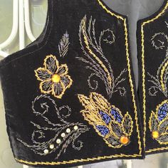 Embellished Bohemian Sleeveless Vest, Black Floral Embroidery Sleeveless Vest, Bohemian Black Embroidered Vest, Traditional Black Vest For Festival, Black Folk Style Festival Vest, Traditional Fitted Black Vest, Womens Black Vest, Velvet Vest, Vintage Vest