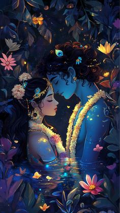 two people are kissing in the water surrounded by flowers and leaves, with butterflies flying around them