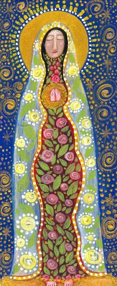 an image of the virgin mary with flowers and leaves on her body, painted in bright colors