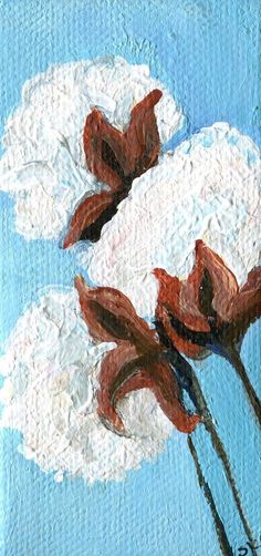 a painting of three white flowers on a blue background