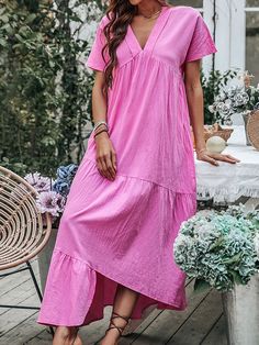 Women's Dresses Loose Solid V-Neck Irregular Dress Solid Color V-neck Maxi Dress For Beach, Spring Solid Color A-line V-neck Dress, Spring A-line V-neck Dress, Solid Color High-low Hem Spring Dress, Solid Color V-neck Maxi Dress For Vacation, Spring V-neck Maxi Dress In Solid Color, Summer A-line V-neck Dress In Solid Color, Spring Maxi Dress With High-low Hem, Spring Dresses With High-low Hem