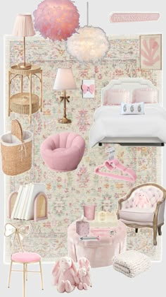 a collage of pink and white items including a bed, chair, lamp, table